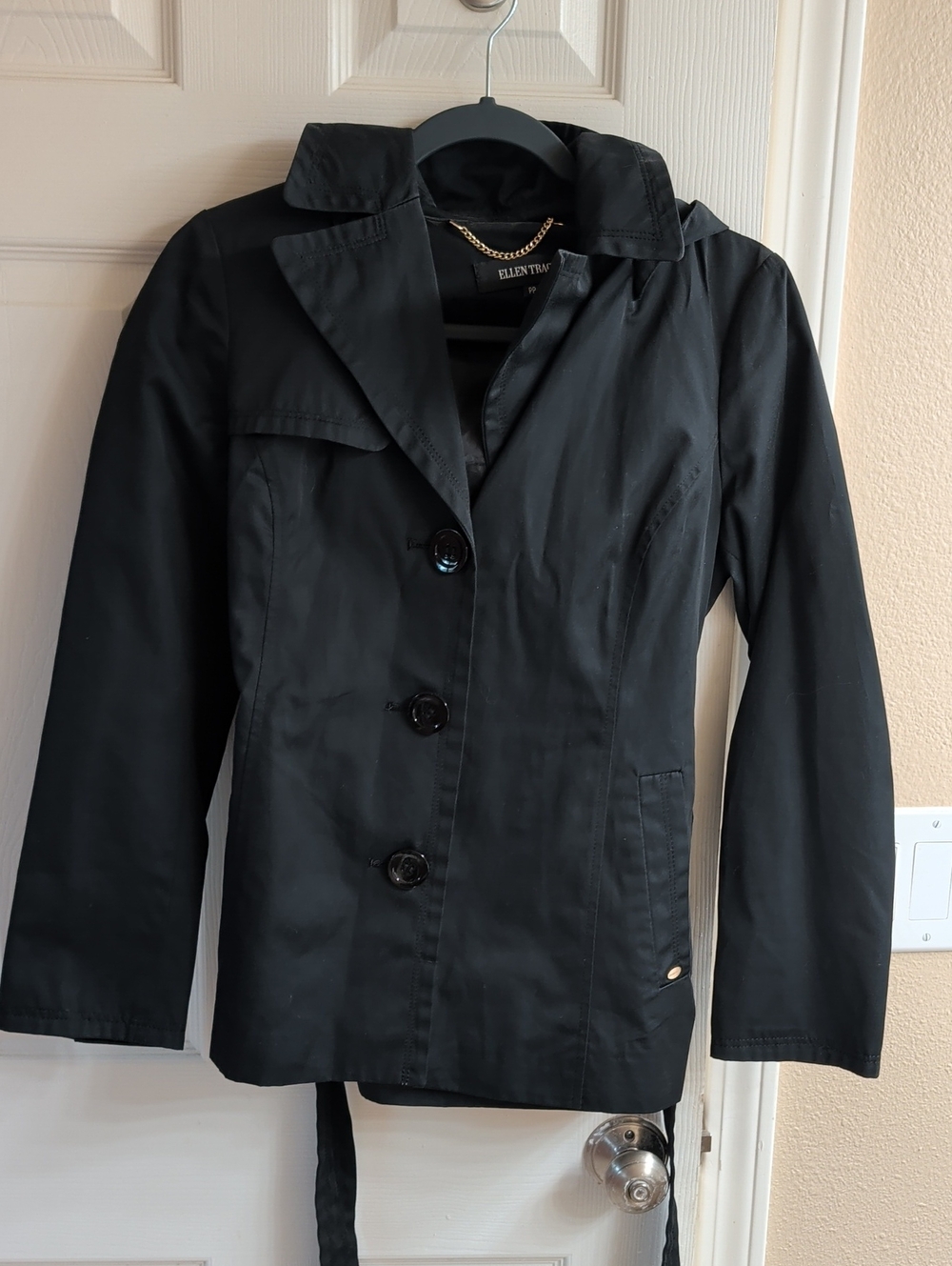 Ellen Tracy Black Women's Rain Jacket with Waist Tie And Removable Hood